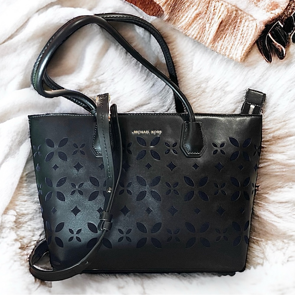 Michael Kor’s Satchel Purse Black Flowery Design With blue Tint